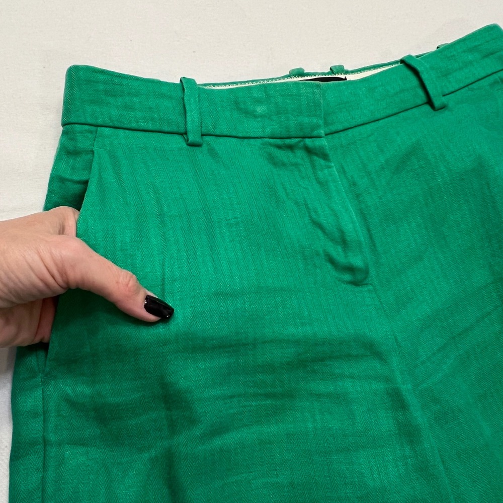J. Crew Kelly Green Herringbone 100% Linen Preppy Wide Leg Cropped Pants 2P - Picture 7 of 10